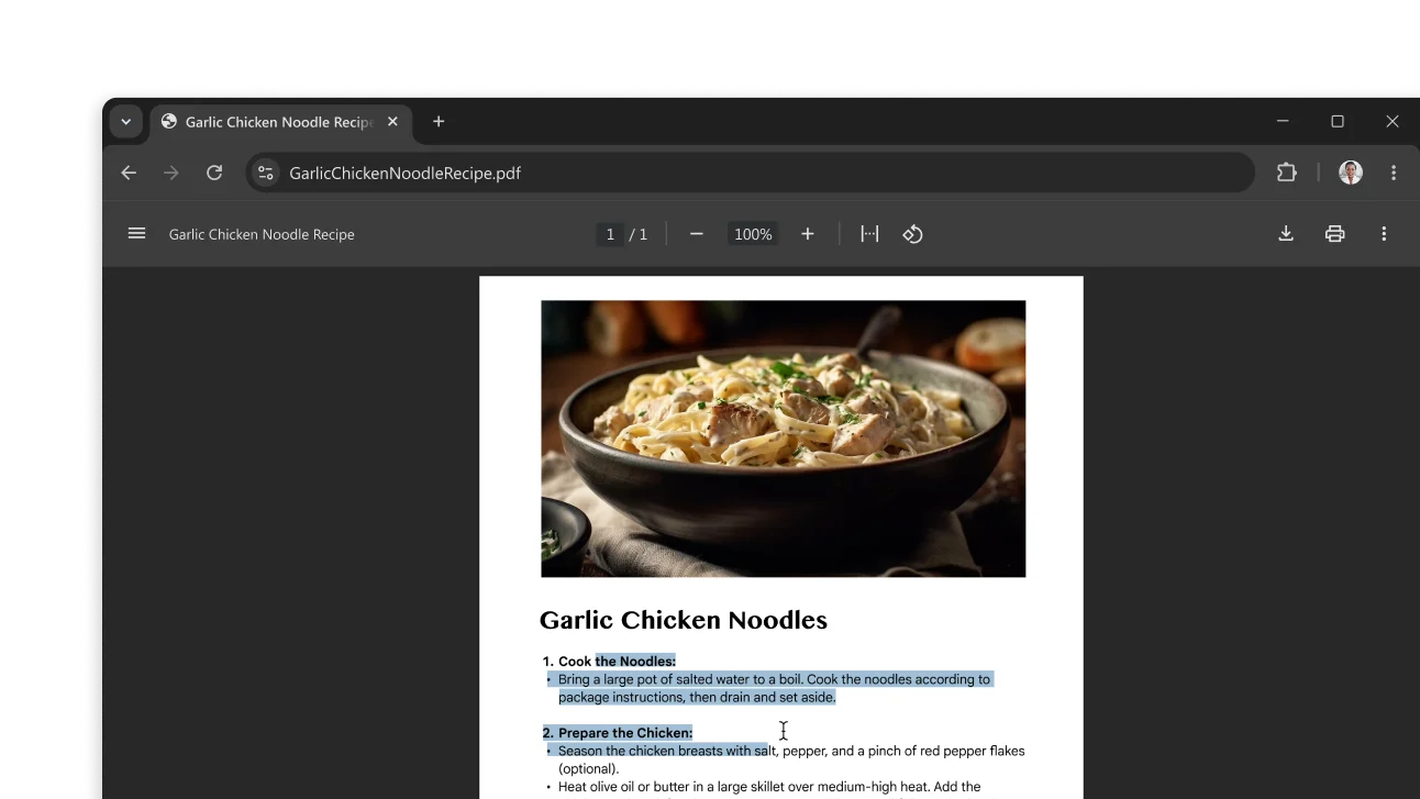 A PDF featuring a recipe is open in a Chrome browser window. The user has selected text within the PDF.